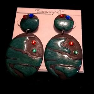 Enamel painted Dark grey with Christmas colors and rhinestones post earrings